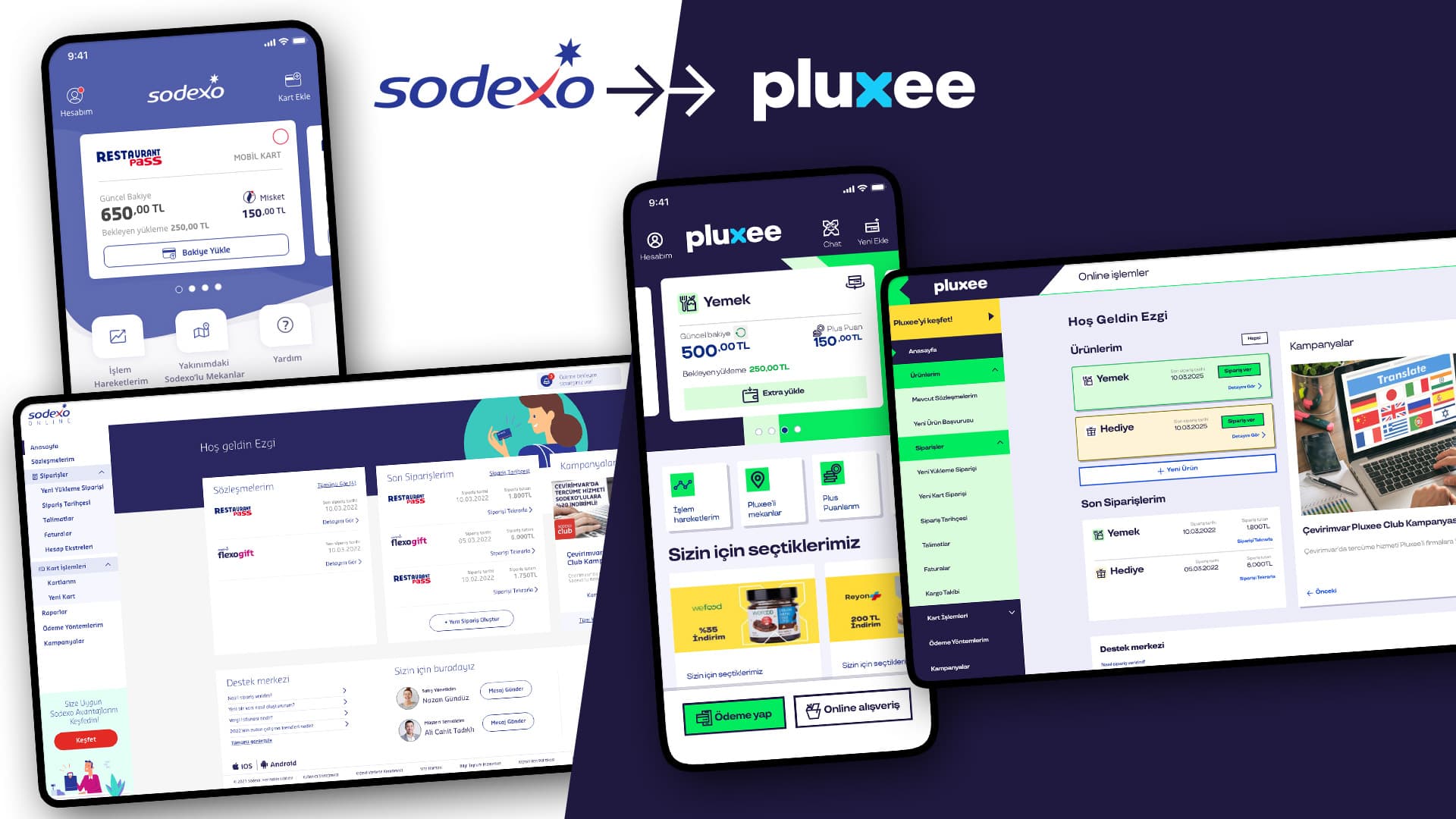 Pluxee Türkiye enterprise brand migration visual showing mobile and customer web surfaces adapted to the new global design language.