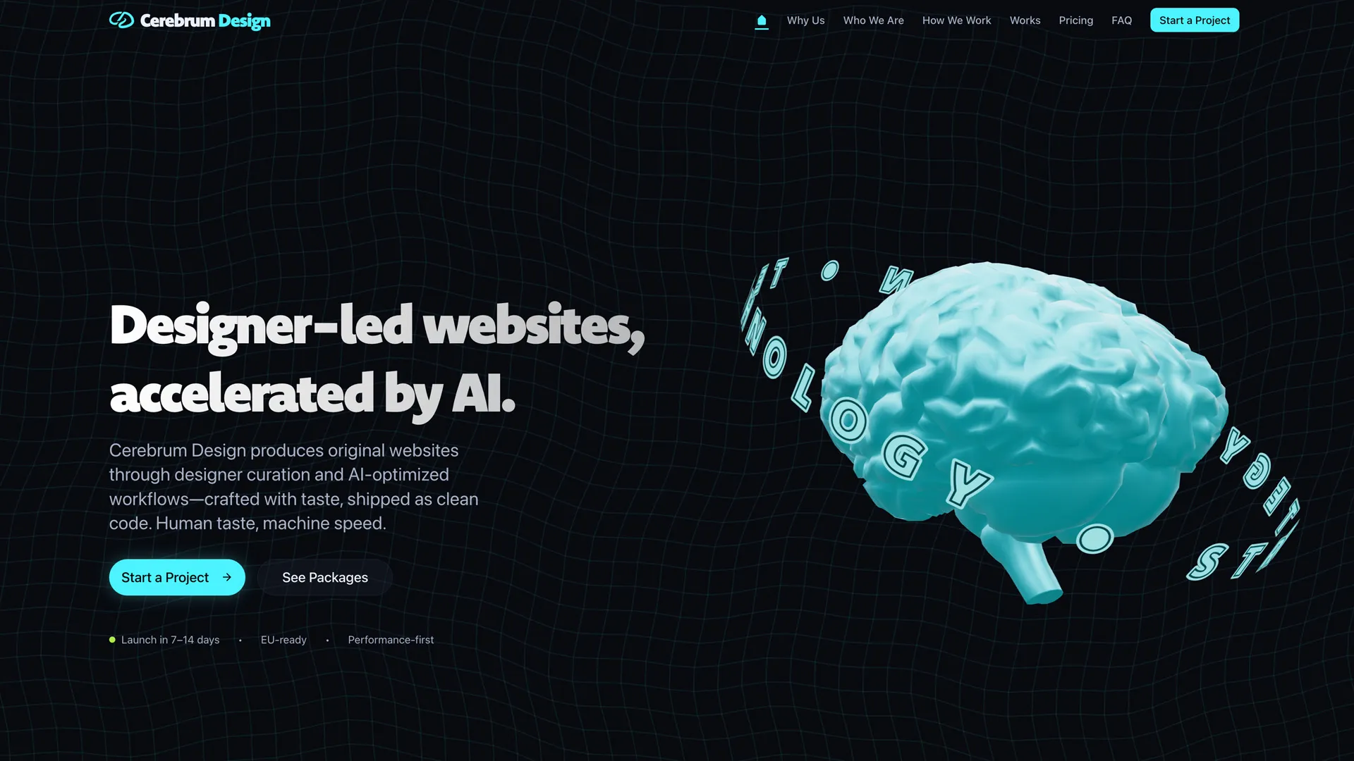 cerebrum.design detail hero showing the boutique agency site built through AI-assisted direct-to-code production.