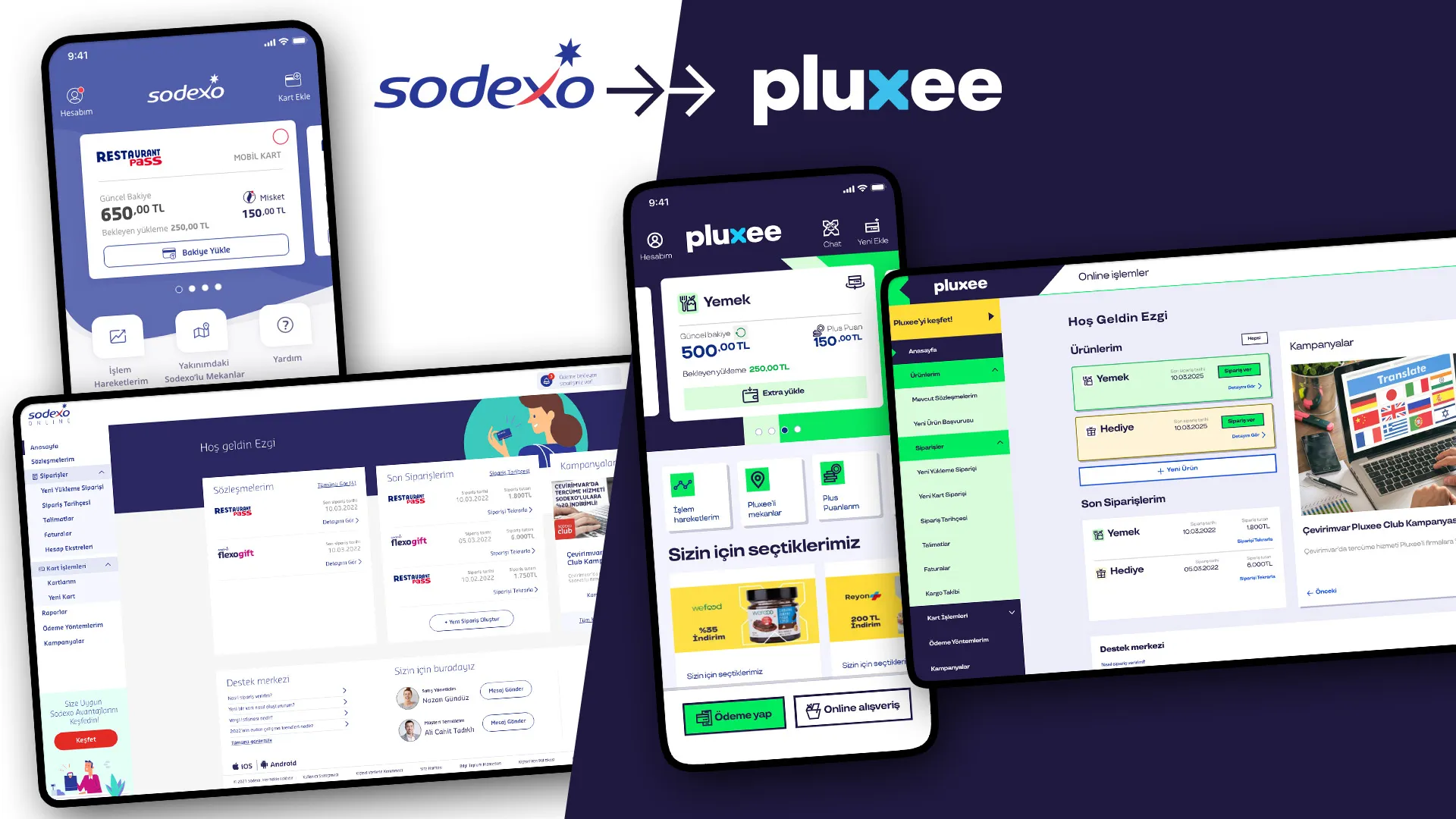 Pluxee Türkiye enterprise brand migration detail hero showing mobile and customer web surfaces adapted to the new global design language.