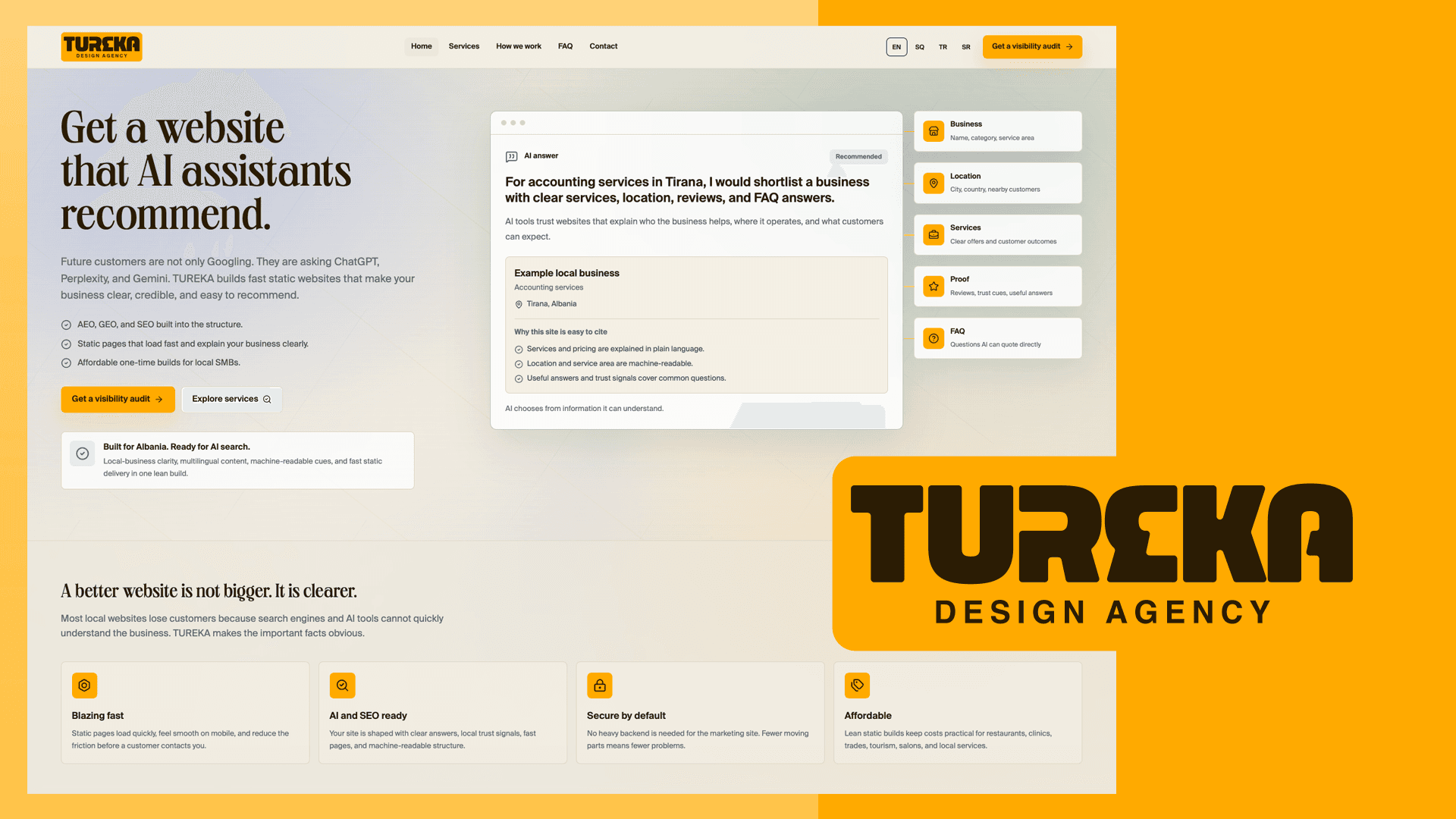 Tureka case study hero showing the AEO and GEO-optimized static website for local SMBs.